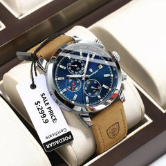 POEDAGAR Chronograph Watch: Stylish Waterproof Timepiece with Leather Strap