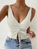 Ribbed Knit V-Neck Crop Top Chic Drawstring Tank Summer Style