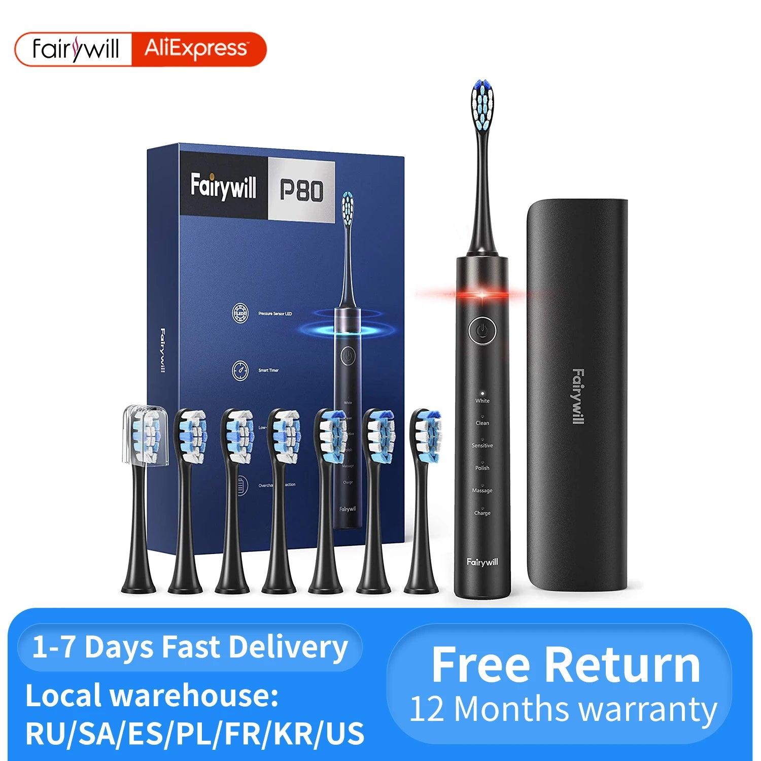 Fairywill P80 Sonic Electric Toothbrush with Pressure Sensor & Timer for Adults