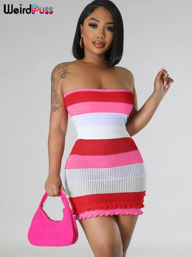 Elegant Striped Ruffles Summer Tube Dress - Trendy Clubwear Dress  OurLum.com   