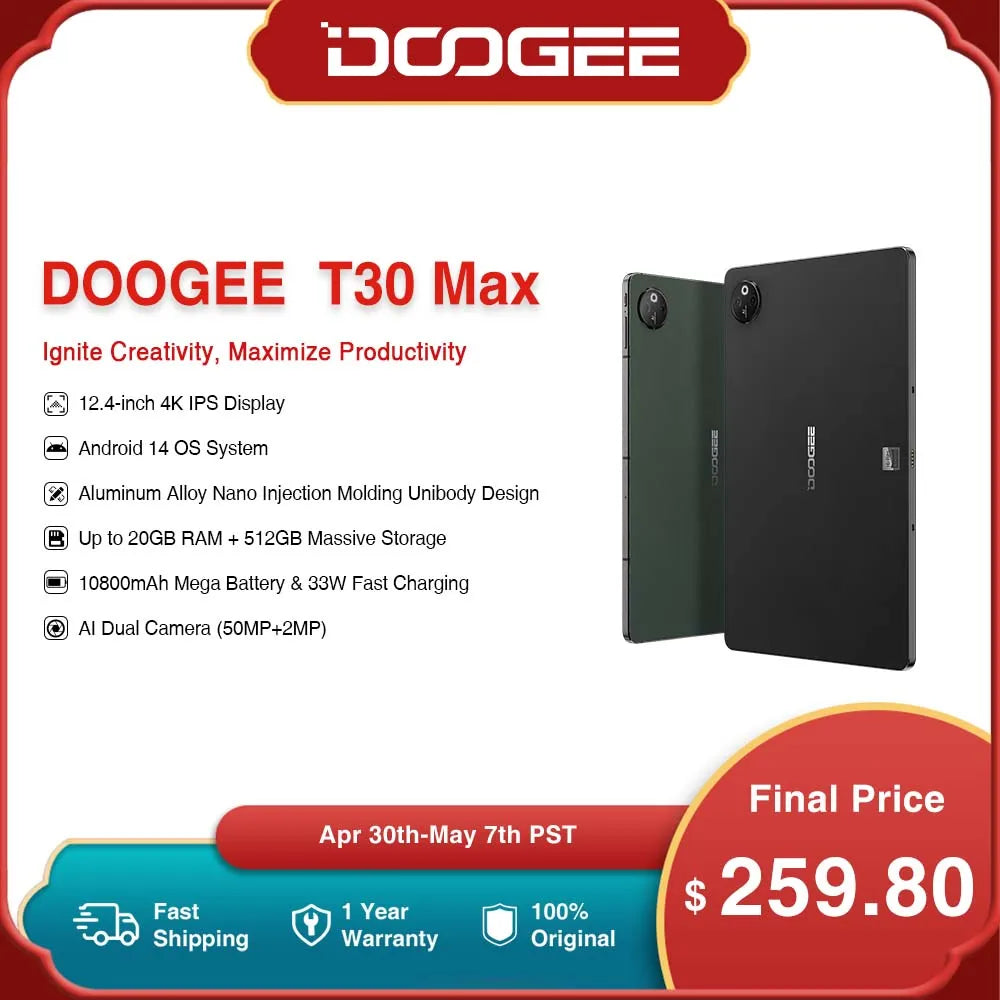 DOOGEE T30 Max Tablet 12.4" 4K 20GB(8+12) 512GB Android 14 50MP Dual Camera 10800mAh 33W Fast Change Aluminum Alloy Nano Unibody  ourlum.com   