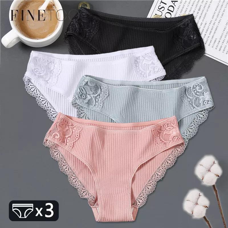 Elegant Lace Trim Women's Cotton Panties Set - Comfortable Low-Rise Lingerie Pack  Our Lum   