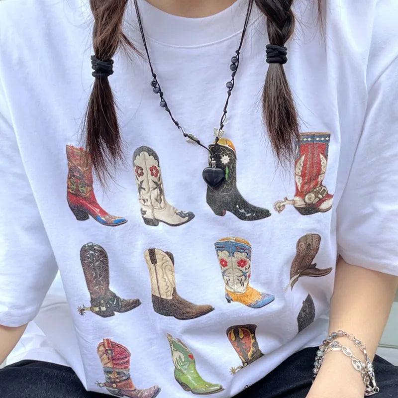 Cowgirl Chic Vintage Western Tee - Summer Boho Style  ourlum.com WHITE XL 