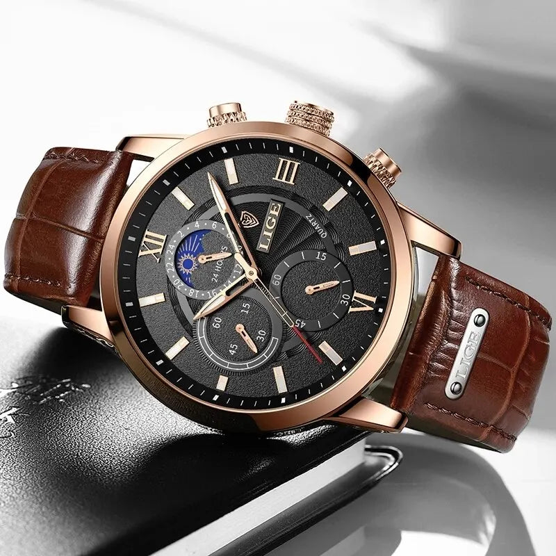 LIGE Men's Leather Chronograph Watch: Luxury Timepiece for Him or Her  ourlum.com   