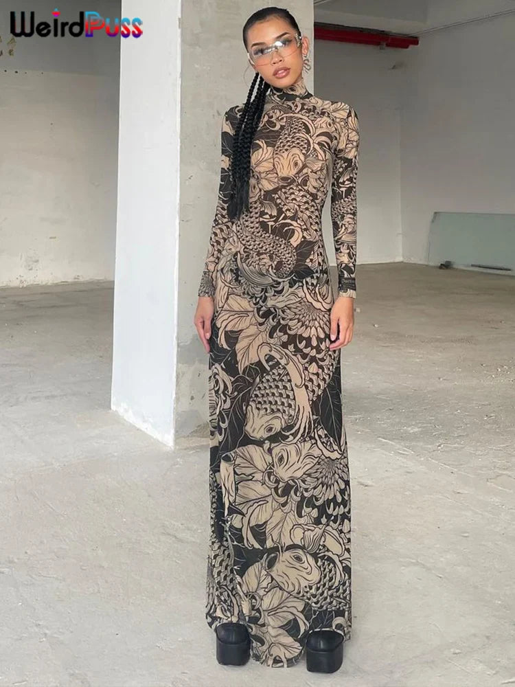 Weird Puss Mesh Print Maxi Dress: Stylish Autumn Attire for Fashion-Forward Hipsters