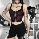 Gothic Cross Print Lace Trim Crop Top Edgy Corset Tank