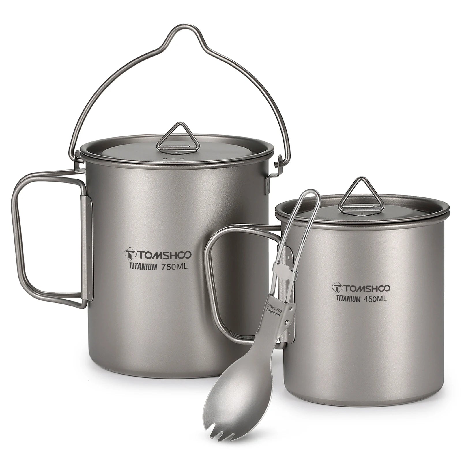 Ultralight Titanium Camping Cookware Set - 750ml Pot, 450ml Mug, and Folding Spork for Backpacking Adventures