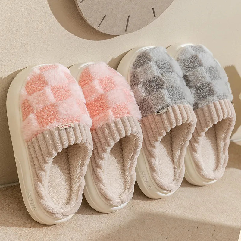 Fashion Winter Plaid Cotton Slippers with Non-slip Sole  ourlum.com   