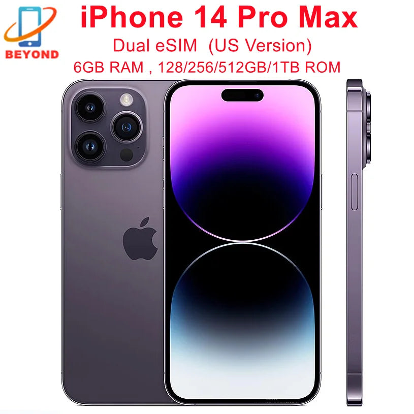Apple iPhone 14 Pro Max Dual eSIM 128/256/512GB/1TB ROM 6GB RAM 6.7" Genuine Retina OLED Face ID NFC A16 98% New Original Phone  ourlum.com   