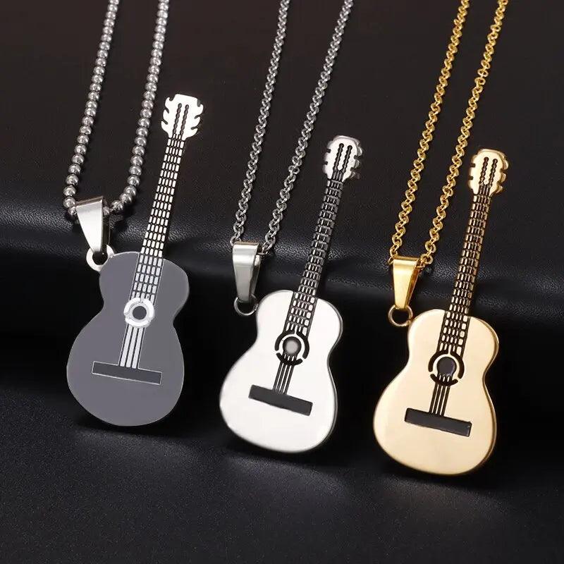 Stainless Steel Music Guitar Pendant Necklace Musician Men Ladies Punk Hip Hop Rock Musical Instruments Jewelry Accessories