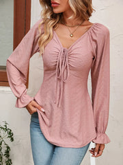 Elegant V-Neck Drawstring Blouse: Versatile Stylish Fashion Choice