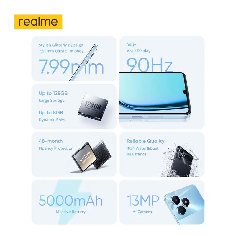 realme Note 50 6.74''90Hz Display IP54 Water&Dust Resistance 5000mAh Battery 13MP Camera 3-Card Slot 7.99mm Ultra Slim 128GB
