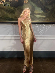 Golden Tassel Halter Dress: Elegant Evening Gown for Women