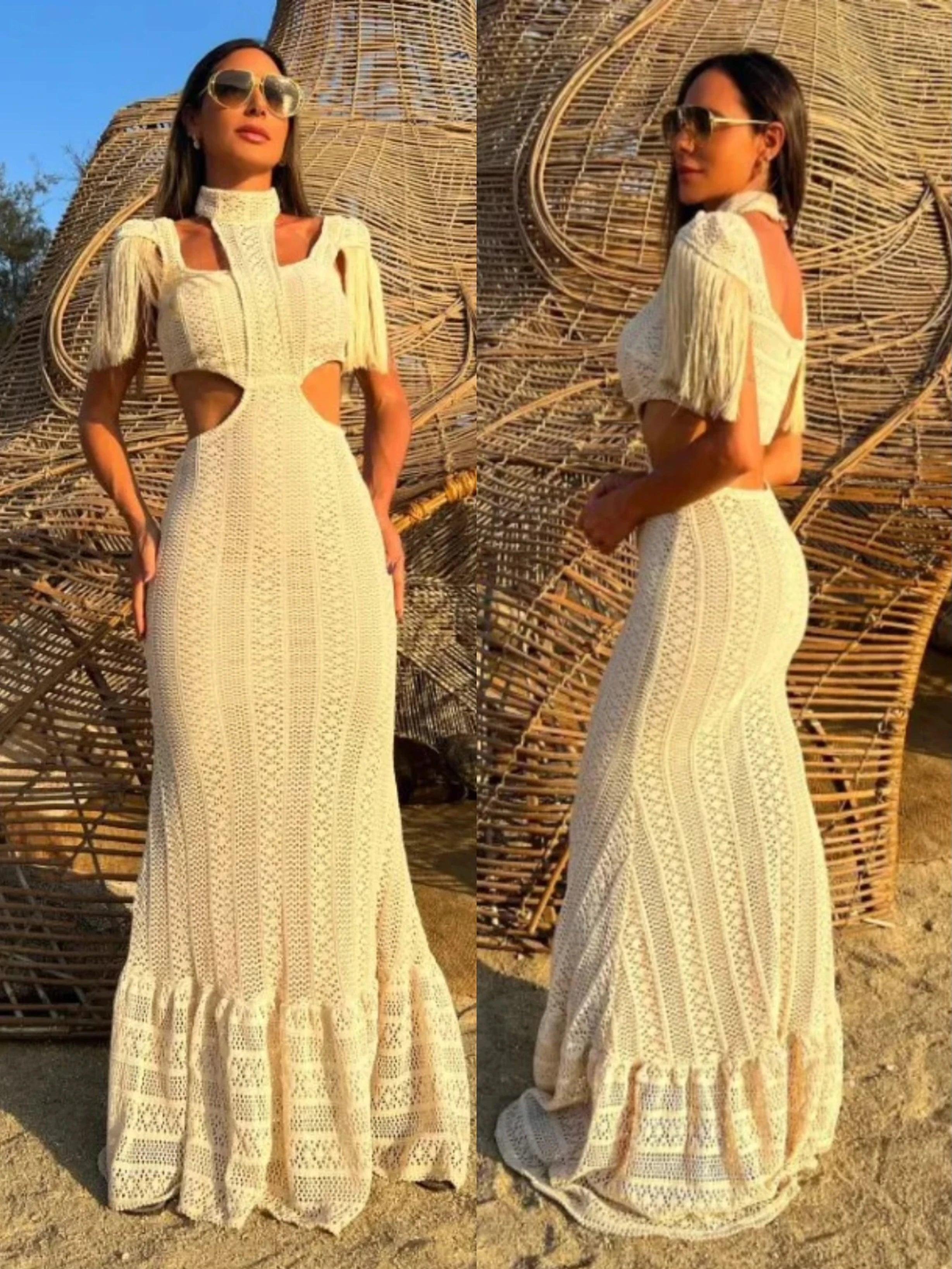 Seductive White Lace Turtleneck Dress with Tassel Sleeves - Elegant Summer Beachwear  Our Lum   