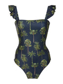 Dark Blue Floral Peplum Swimsuit Fashionable Beachwear Set