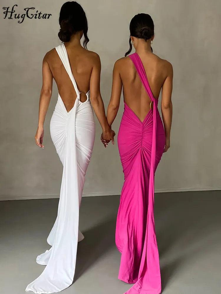 Elegant One-Shoulder Maxi Dress with Backless Detail and Scarf Loop  ourlum.com   