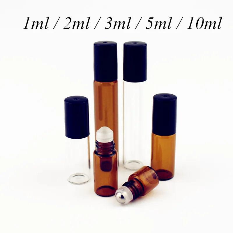 5PC/Pack 1ml 2ml 3ml 5ml 10ml Amber Thin Glass Roll on Bottle Sample Test Essential Oil Vials with Roller Metal /Glass Ball  ourlum.com   