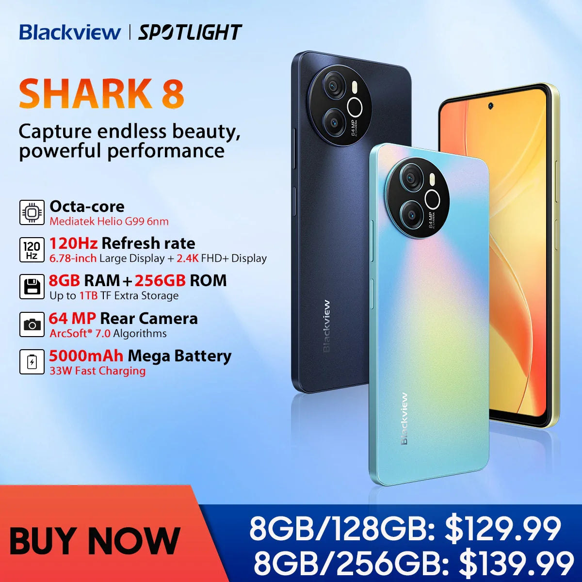 Blackview SHARK 8 Smartphone Android13 G99 Mobile Phone 6.78'' 120Hz 2.4K Display 8GB+8GB RAM, 128GB/256GB ROM 64MP Cellphone