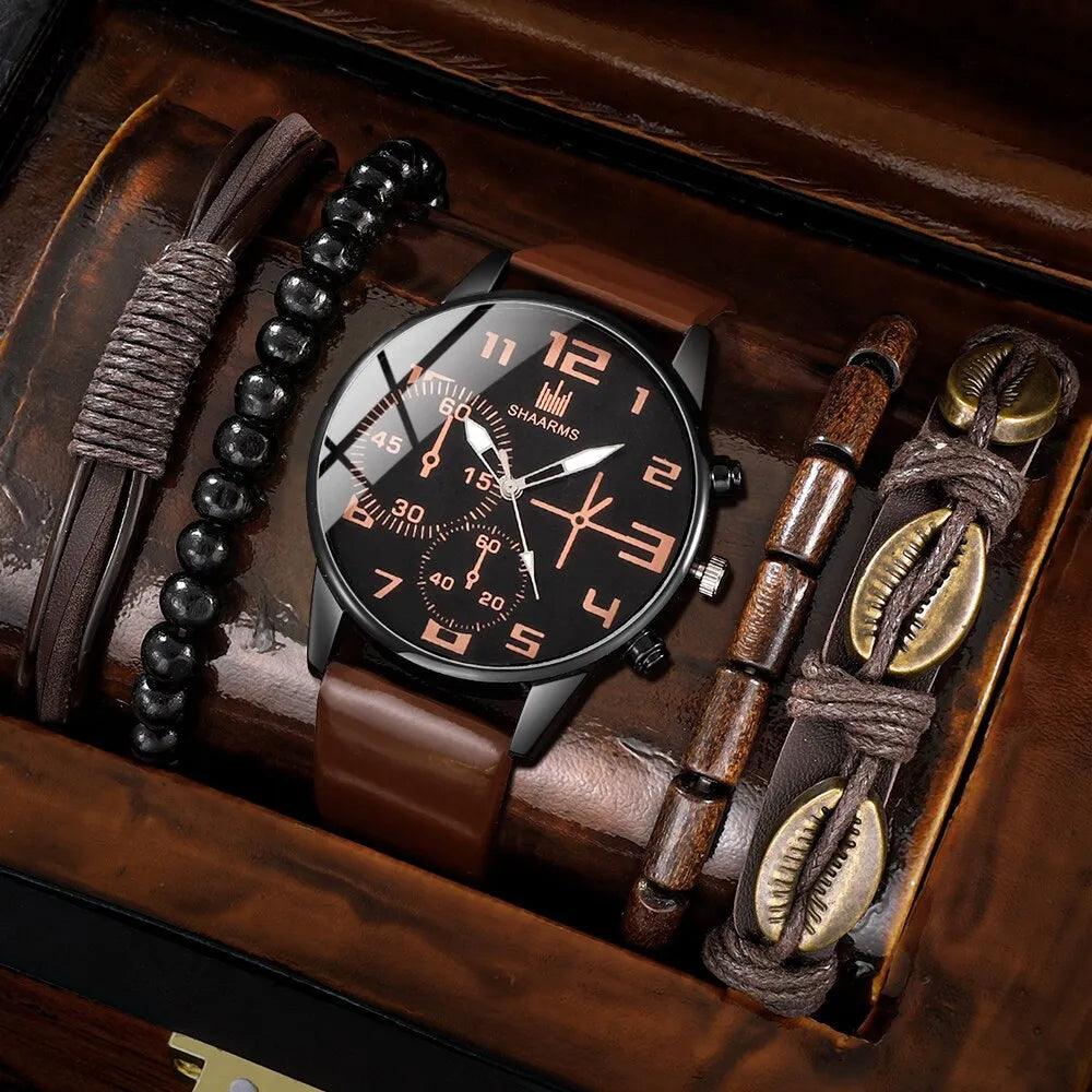 Retro Sports Quartz Watches Set with Brown Leather - Vintage Style  ourlum.com   