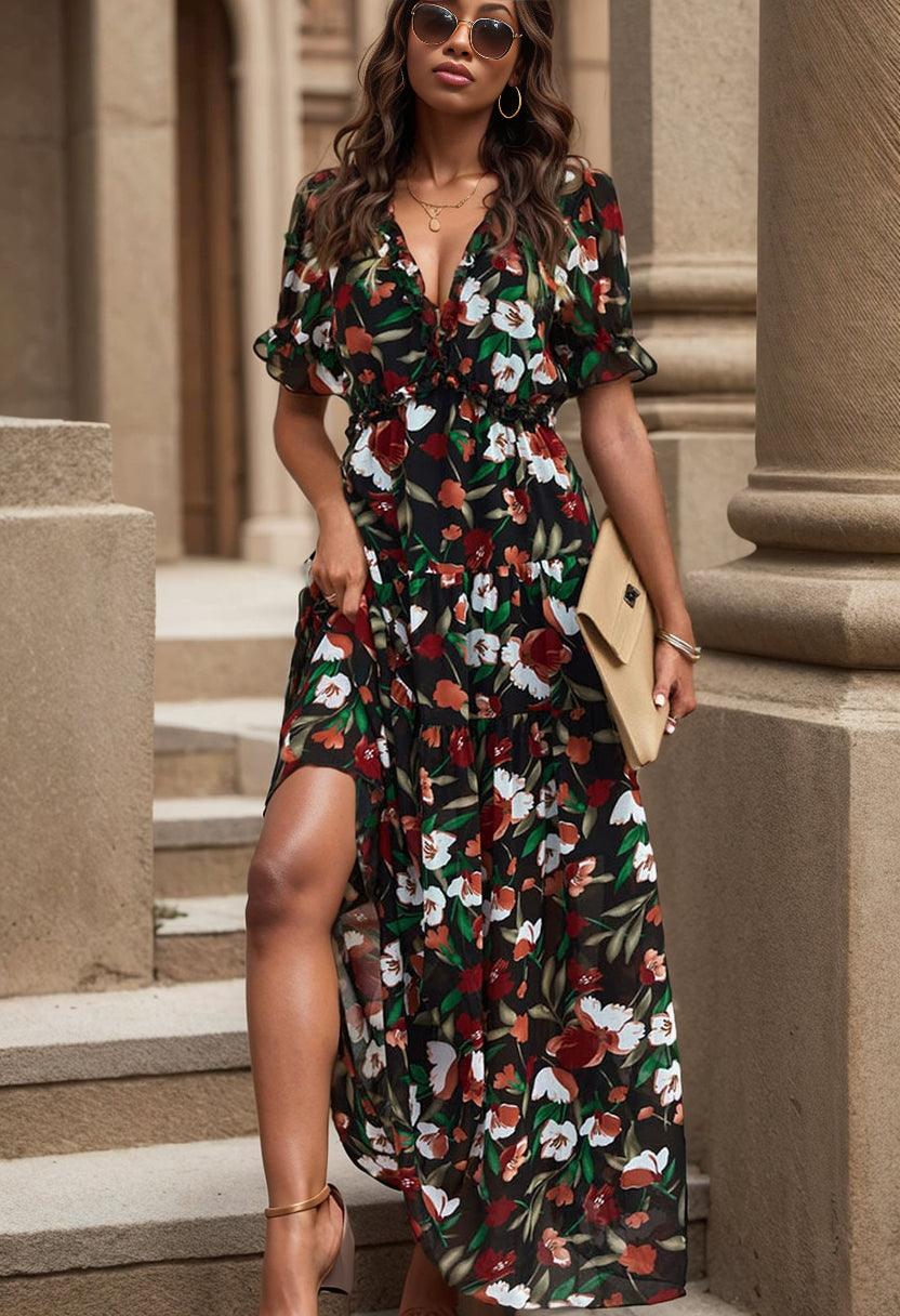 Summer 2024 New Arrival Florals Print Short Sleeve Dress European and American Leisure V-neck Seaside Vacation Style Long Dress for Women  ourlum.com   