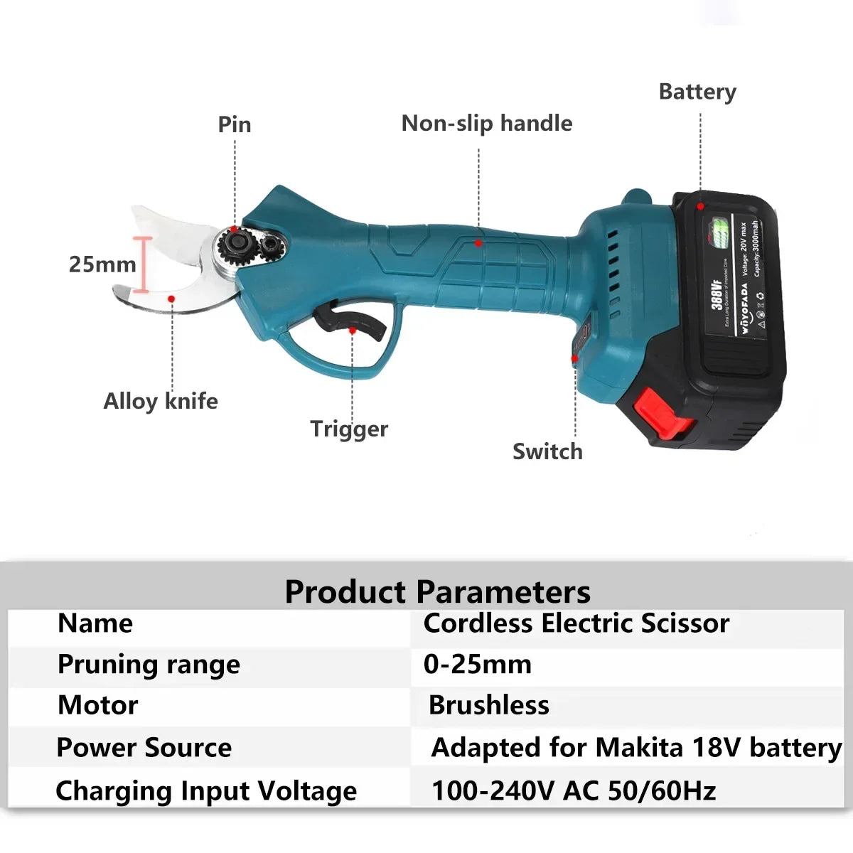 18V Cordless Electric Pruning Shears with 4 Cutting Gears for Efficient Bonsai and Fruit Tree Maintenance - Compatible with Makita 18V Battery