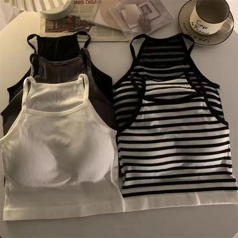 Korean Style Striped Tank Top with Chest Pad - Women's Fashion Camisole  ourlum.com   