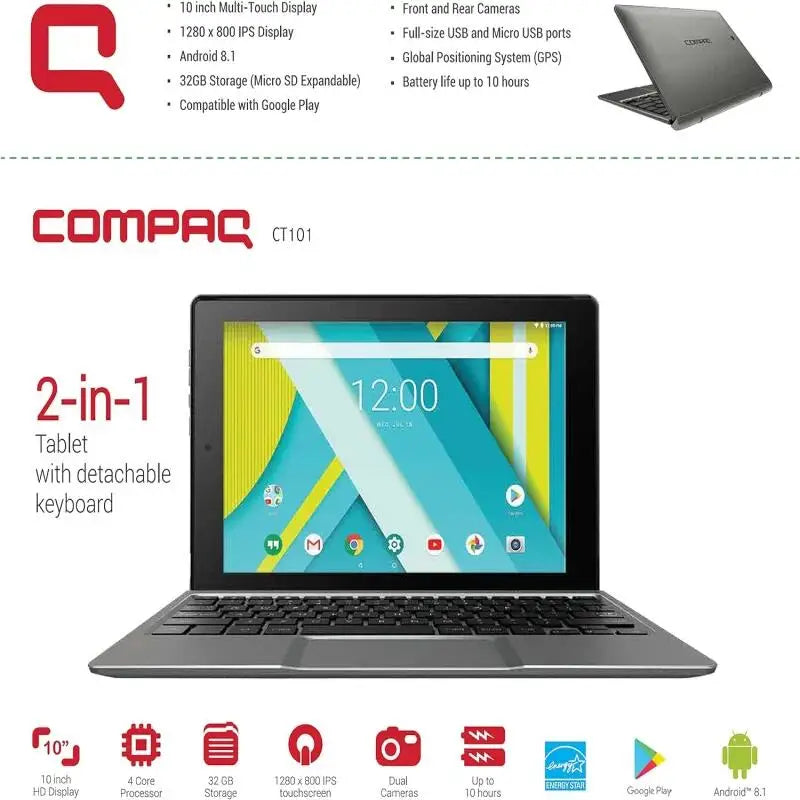 Big Sales Compaq 10" HD IPS 2GB RAM 32GB Storge Quad-Core Android 8.1 Tablet With Bluetoot Keyboard HDMI-Compatible Dual Cameras