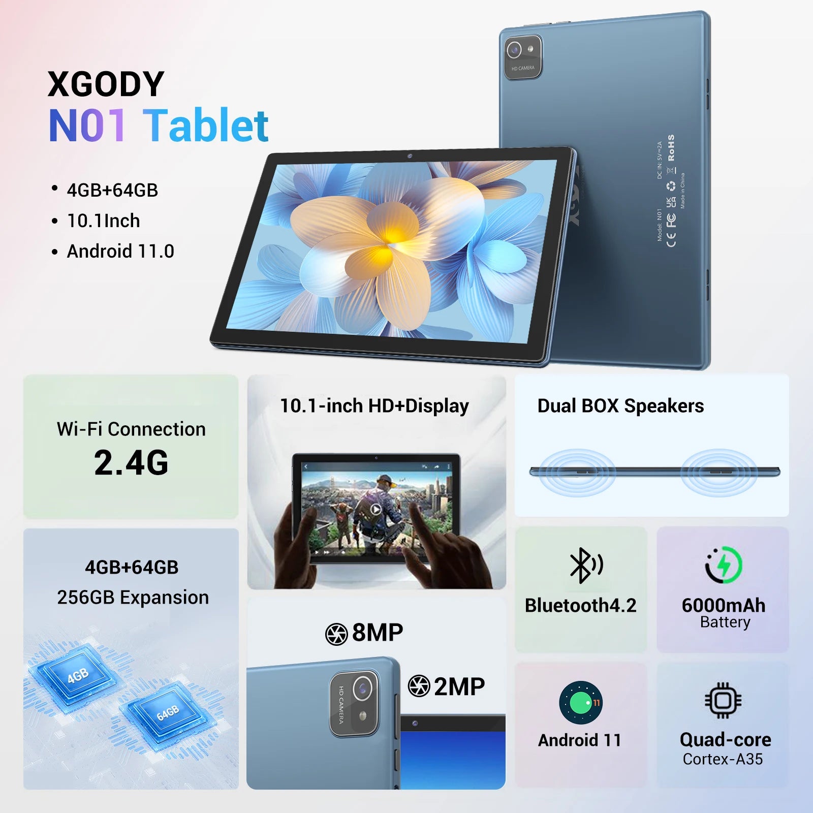 XGODY N01 Tablet 10 inch Android Tablets 4GB 64GB IPS Screen 4core Ultra-thin 5G WiFi Bluetooth GPS PC Keyboard Optional