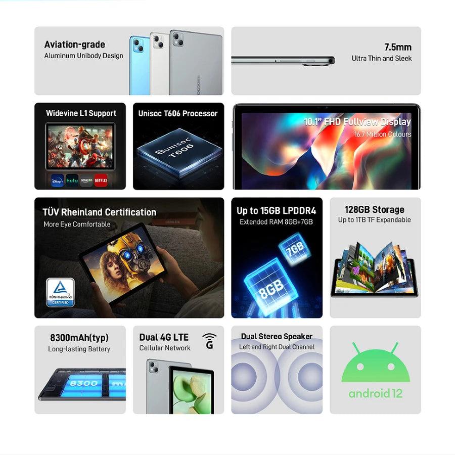 DOOGEE T10 10.1" FHD+ Tablet - 8GB RAM, 128GB Storage, Octa-Core, 13MP Camera, Long Battery Life