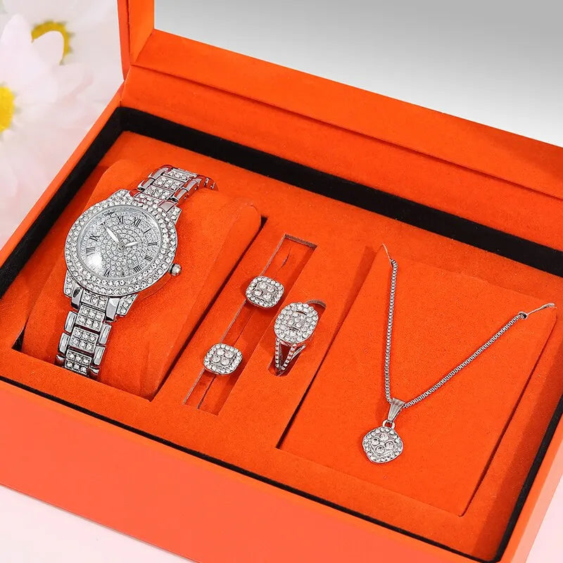 5-Piece Jewelry Set Women's Watches Elegant Ladies Timepiece Chic Analog Wristwatch Bangles Gift  OurLum.com   