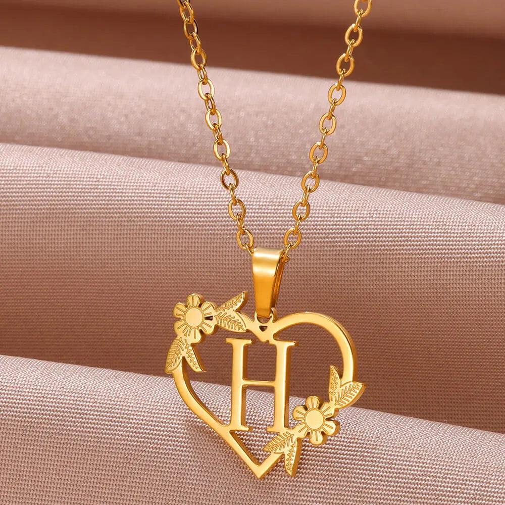 Golden Floral Heart Choker Necklace - Stainless Steel Alphabet Jewelry