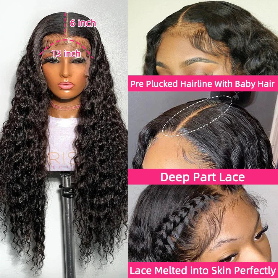 30-Inch Deep Curly Glueless Brazilian Water Wave Lace Frontal Wig by YAWAWE