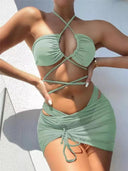 Lace-Up Bikini Set with Skirt - Flattering High Waist Swimwear