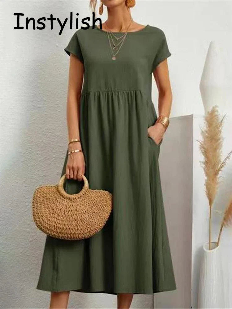 Elegant Vintage Maxi Dress: Summer Fashion Staple with O-neck and A-line Silhouette