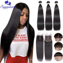 Brazilian Bone Straight Hair Bundle Set with Closure 30 Inch