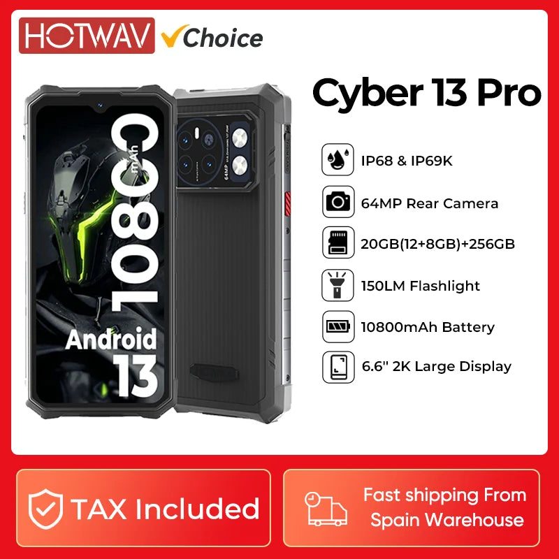 HOTWAV Cyber 13 Pro Rugged SmartPhone 150LM Flashlight 20GB 256GB 6.6''FHD+ 2K 10800mAh 20W Charging 64MP Android 13 Cellphones