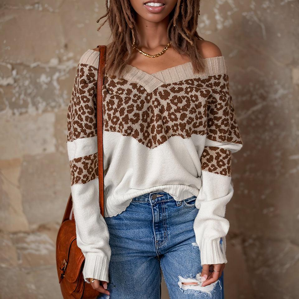 Fashion Fashion Sexy off-the-Shoulder Knitting Pullover 2024 Autumn and Winter Thick Leopard Splicing Contrast Color Sweater Women