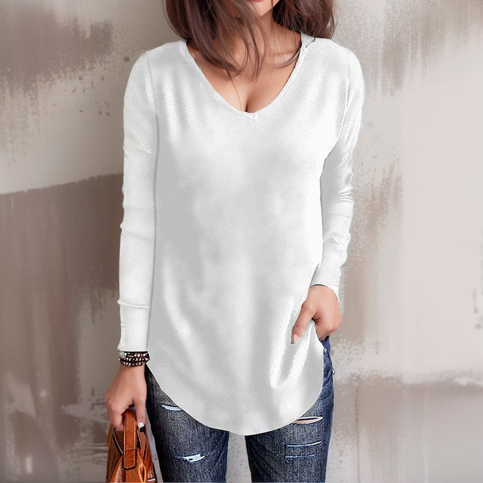 2023 Fall Thin Long Sleeve Pullover T-shirt for Women Simple Personality Pure White Casual V-neck Bottoming Shirt Top for Women