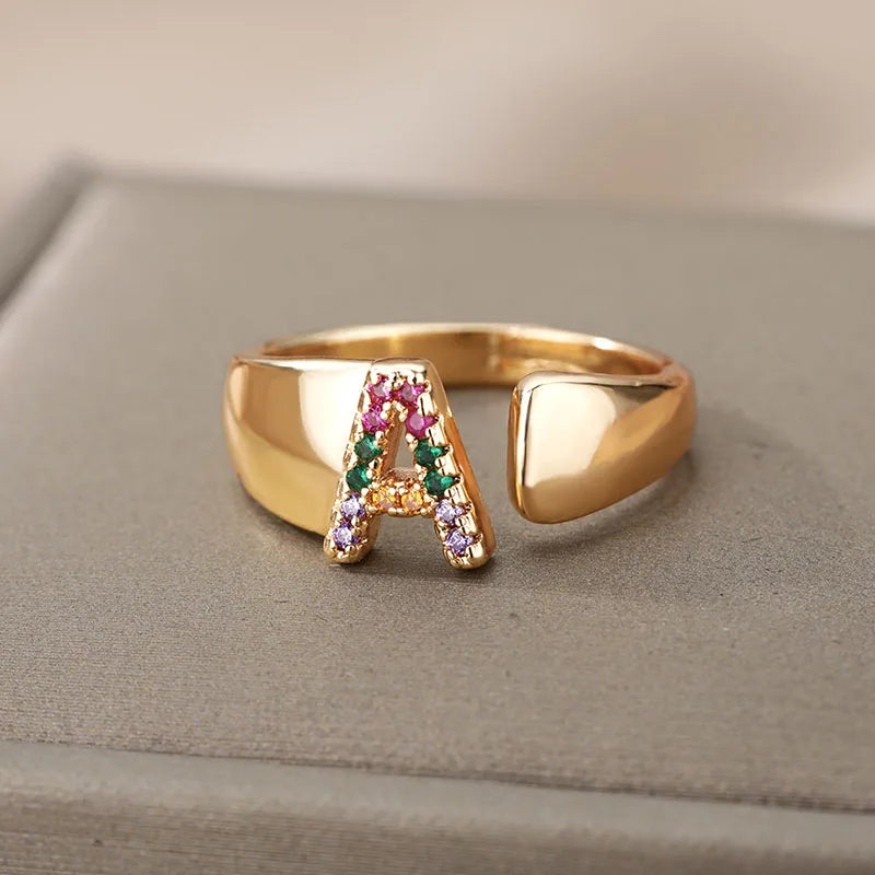 Rainbow Zircon Letter Rings For Women Fashion Jewelry 2024