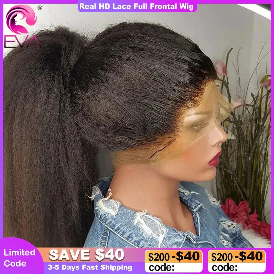 Eva Hair Kinky Straight 360 Full Lace Human Hair Wig with HD Transparent Lace - Remy Brazilian Hair - Pre Plucked - Can Be Permed  ourlum.com 13x6 HD Lace Wig 22INCHES 150 Density