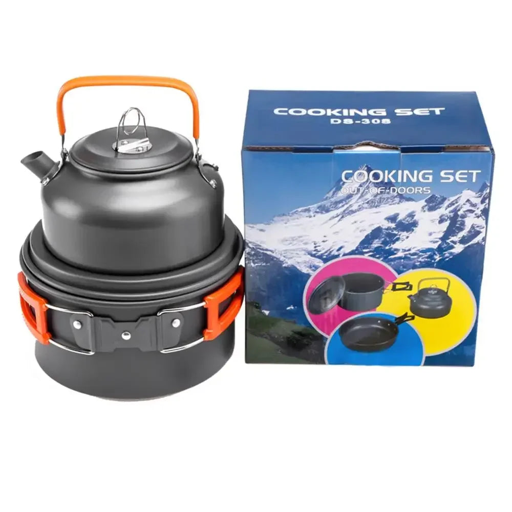 Portable Aluminum Camping Cookware Set with Nonstick Kettle and Pan for Hiking, BBQ, and Picnic