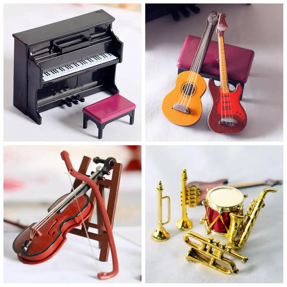 Miniature Musical Instruments Set with Drum, Violin, Guitar, Piano, Saxophone, and Trumpet for Dollhouses