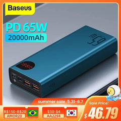 Baseus 20000mAh 65W Fast Charging Power Bank - Portable External Battery with PD & QC 3.0 for Mobile Devices