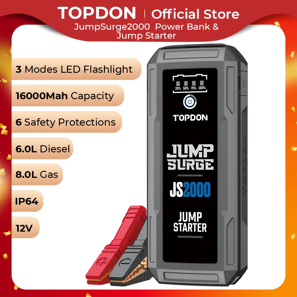 Topdon High-Powered 2000A/1200A Jump Starter & 16000mAh Car Power Bank for 12V Vehicles