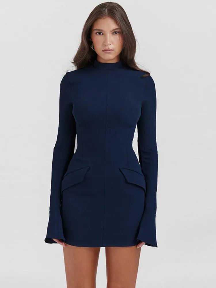 Elegant Dark Blue Bodycon Mini Dress with Pockets - Autumn/Winter 2023 Glamorous Option  ourlum.com   