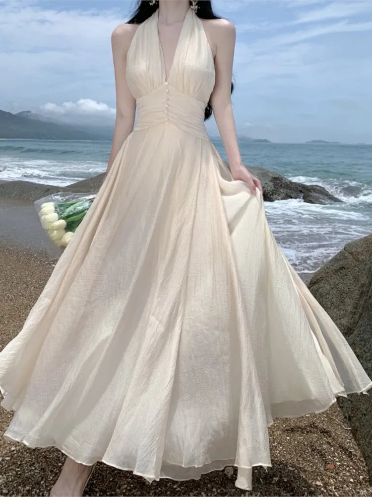 Elegant White Maxi Dress with Halter Neck and V-neck - Summer Beach Wedding Evening Prom Gown  Our Lum   