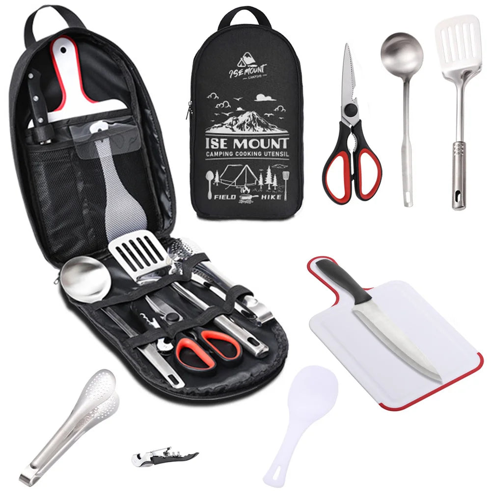 9-Piece Portable Stainless Steel Utensil Set for Camping, BBQ, and Outdoor Cooking