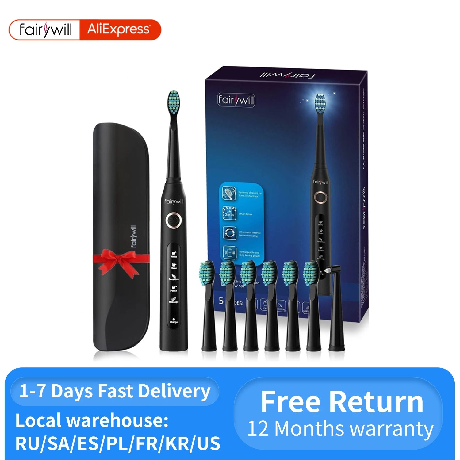 Fairywill FW-507 Sonic Toothbrush Set - 5 Modes, 10 Brush Heads, USB Rechargeable