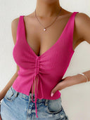 Ribbed Knit V-Neck Crop Top Chic Drawstring Tank Summer Style