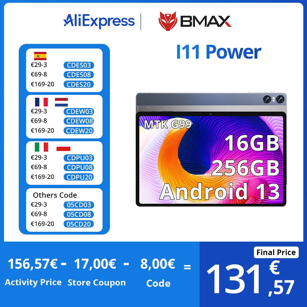 BMAX MaxPad i11 Power 4G Tablet 11" 2K HD IPS MTK G99 16GB(8GB+8GB Expansion) RAM 256GB ROM Dual Cameras Nano SIM TF Card